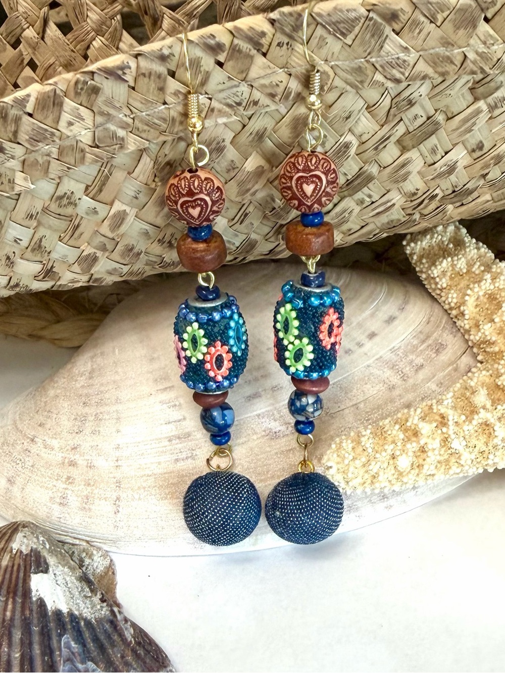 Boho Denim Girl Beach Beaded Earrings